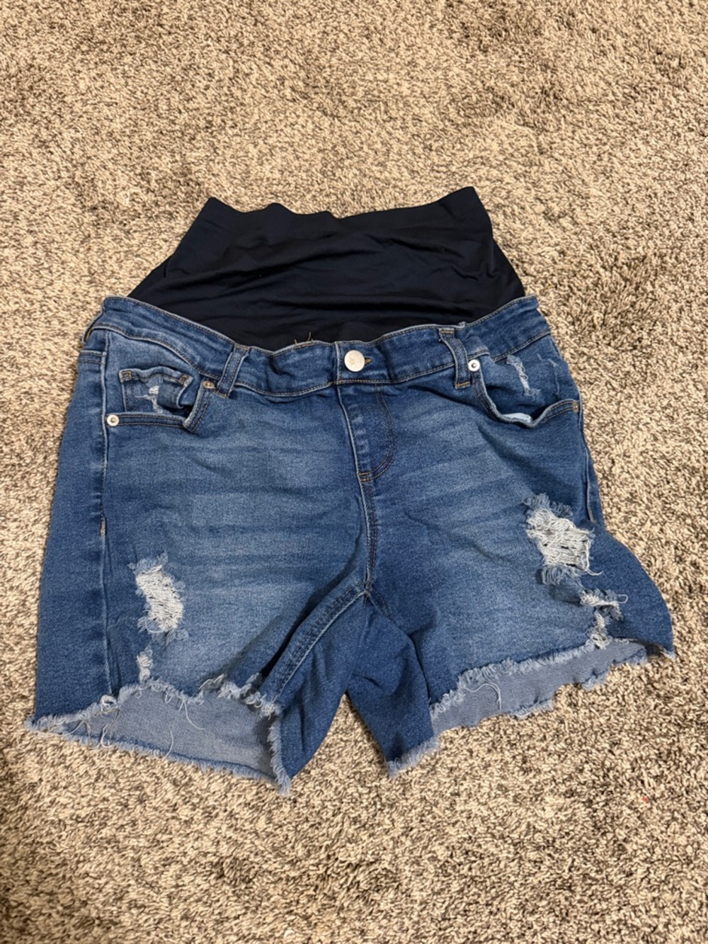 Time and Tru Distressed High Waist Denim Maternity Shorts - Dark Blue & Black